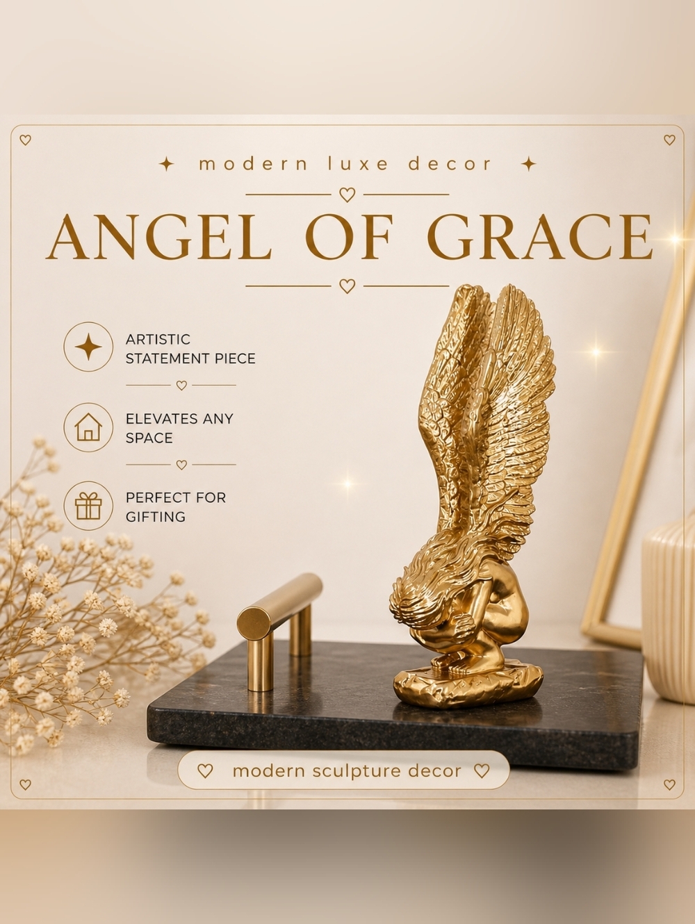 Modern Gold Angel Sculpture | Minimalist Emotional Art Decor Modern Muse